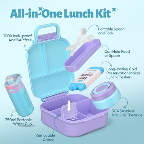 Itslife Bento Lunch Box for Kids Set, insulated food container, 7 oz thermos for hot food, 12 oz thermos water bottle, Reusable Insulated Ice Bag & Fork Spoon Utensils Camping Travel Purple - color: Purple