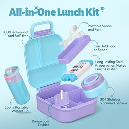 Itslife Bento Lunch Box for Kids Set, insulated food container, 7 oz thermos for hot food, 12 oz thermos water bottle, Reusable Insulated Ice Bag & Fork Spoon Utensils Camping Travel Purple - color: Purple