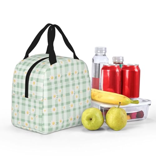 Lunch Bag Daisy Pastel Green Check Plaid Insulated Lunch Box Reusable Cooler Tote for Adults Student Girl Boy Work Office School Picnic Over 3 Years Old - color: B0383