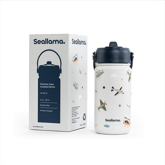 Seallama. Kids Water Bottle -14 oz Stainless Steel Tumbler with Straw Lid, Vacuum Insulated Double Wall Travel Cup, Leak-Proof Reusable Drink Bottle for School & Everyday Hydration - color: Jet Set Go