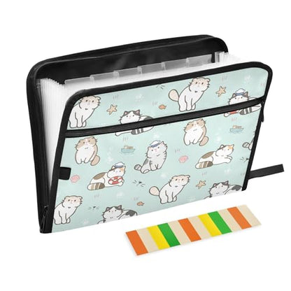 Cute Cats Green Expanding Accordion File Folder with 13 Pockets and Zipper Closure - color: Cute Cats Green