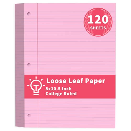 Pink Loose Leaf Paper 120 Sheets Pink Paper 8" x 10.5" College Ruled Notebook Paper Filler Paper 3-Hole Punched Lined Paper for 3-Ring Binders 8 x 10-1/2 Binder Paper for Home School Office Supplies - color: Pink, size: 120 Sheets College Ruled