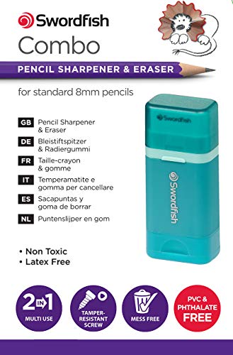 Swordfish Combo Pencil Sharpener with Mess-Free Canister and Eraser [Pack of 1] Turquoise [40294] - size: pack of 1