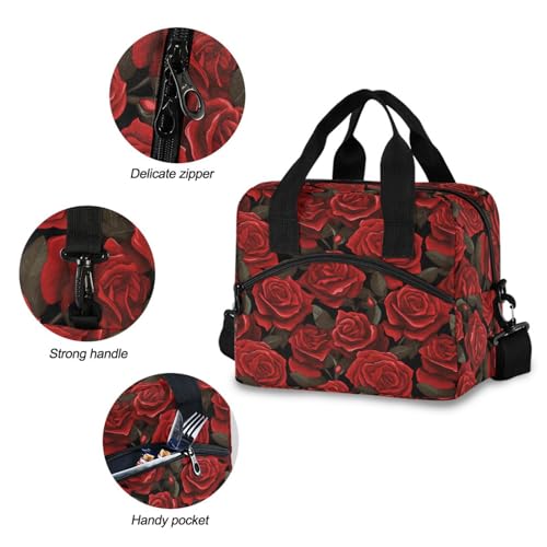 ALAZA Red Rose Black Background Insulated Lunch Bag Women Men Portable Reusable Cooler Lunch Tote Bag for Work Office Picnic College - color: Multi 16