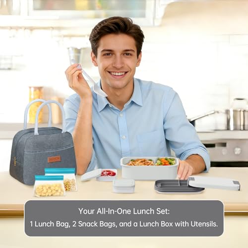 JBGOYON 4-in-1 Bento Box and Insulated Lunch Bag Set, Gray | 6-hour insulation, 7.5 L lunch bag, leakproof 1.9 L container with 2 sauce cups, fork and spoon, 2 snack bags, BPA-fre - color: Light Gray