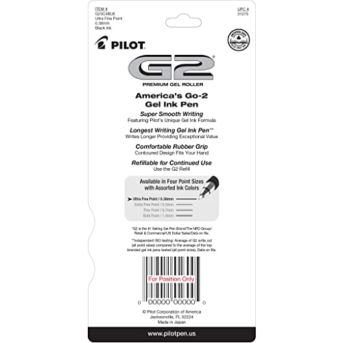Pilot G2 Premium Refillable and Retractable Rolling Ball Gel Pens, Ultra Fine Point, Gel Ink Pens, 0.38mm, Black Ink, 4-Pack