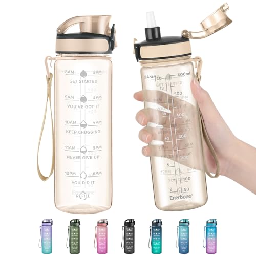 Enerbone Water Bottle, Leakproof BPA & Toxic Free, Motivational Water Bottle with Times to Drink and Straw, Fitness Sports Water Bottle with Strap for Office, Gym, Outdoor Sports - color: Amber, size: 24 Ounces