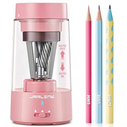 JARLINK Electric Pencil Sharpener, Fully Automatic Rechargeable Pencil Sharpener for 6-12mm Pencils, 3 Adjustable Sharpness, Hands-Free, Colored Pencil Sharpener for Classroom Home Office (Pink) - color: Pink