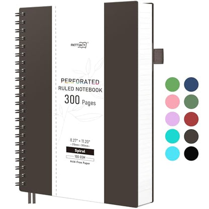 RETTACY Spiral College Ruled Notebook, 300 Perforated Pages (8.2" x 11.2") | 100 GSM Thick Paper, Flexible Plastic Cover, for School, Work, Writing, Journaling (Coffee Brown) - color: Coffee Brown