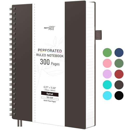 RETTACY Spiral College Ruled Notebook, 300 Perforated Pages (8.2" x 11.2") | 100 GSM Thick Paper, Flexible Plastic Cover, for School, Work, Writing, Journaling (Coffee Brown) - color: Coffee Brown