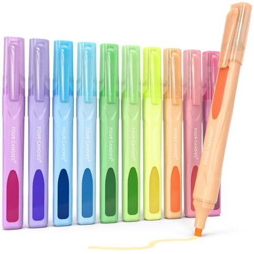 Four Candies Cute Pastel Highlighters, 10 PCS Highlighters Assorted Colors, Soft Chisel Tip, Clear Ink View, Aesthetic Highlighter Set for Organizing and Coloring & Back to School Supplies