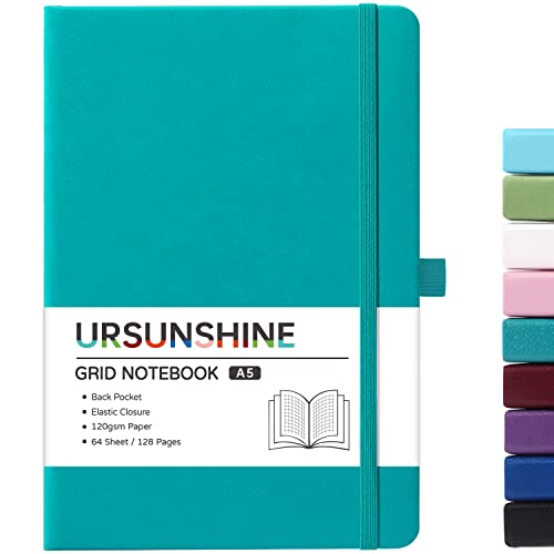 Graph Grid Paper Notebook/Journal - Classic Journal/Notebook with Ribbon Divider, Hardcover with Thick Paper, 5.3" x 8.26", Banded + Pen Holder +Inner Pocket - Cyan - color: Cyan, size: Grid