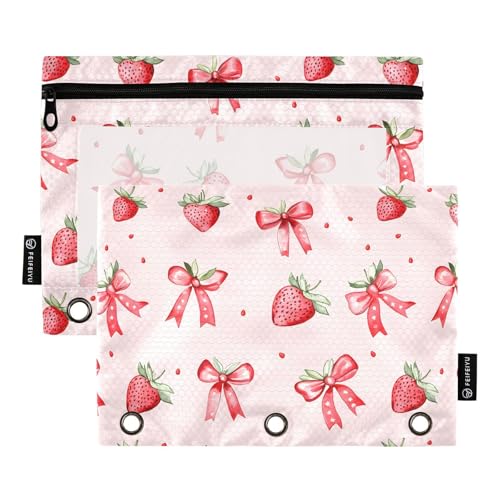 2 Pack Pencil Pouches for 3 Ring Binder, Pink Strawberries Bows Pattern Zipper Pouch, Pencil Case for Binder, Clear Top Pen Bag with Grommets for Office School College