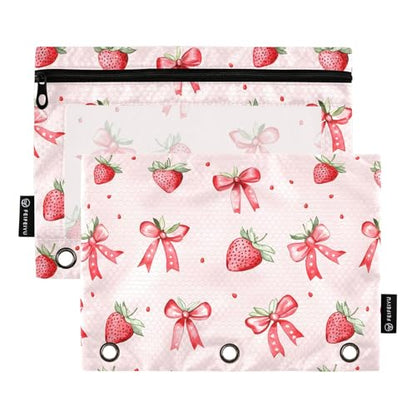 2 Pack Pencil Pouches for 3 Ring Binder, Pink Strawberries Bows Pattern Zipper Pouch, Pencil Case for Binder, Clear Top Pen Bag with Grommets for Office School College