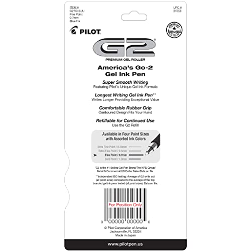 PILOT G2 Premium Gel Roller Pens,Fine Point 0.7 mm,Blue Ink Pens Fine Point,- Ideal for School,Journaling,and Office Writing,4 Count (Pack of 2) - color: Blue (Pack of 2)