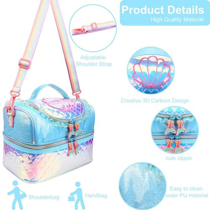 RHCPFOVR Kids Lunch Bag - Double - Decker Cooler Insulated Lunch Box for Boys Girls Women,Washable Lunch Bag with Strap and Reusable Toddler Lunchbox for School and Daycare - color: Blue Mermaid
