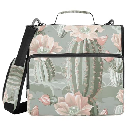 Cactus Flower Zipper Binder 3 Ring with Shoulder Strap and Handle Multiple Pockets Expanding File Folder Organizer