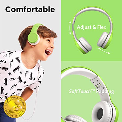 LilGadgets Connect+ Foldable Headphones, Adjustable Fit Soft Touch Padding for Kids with Mic, Volume-Limited & Noise Reduction On-Ear Wired Headset for School with SharePort - Green, Ages 3-14 - color: Green