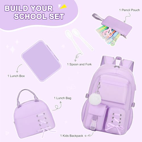 Scothen Backpack for Girls with Bento Lunch Box Set, School Bag Bookbag for Teens Girls Kids Student, 43oz Lunch Containers Lunchbox, Insulated Lunch Bag & Pencial Case, Back to School Gifts - color: Purple
