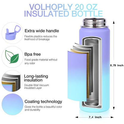 Volhoply 20oz Insulated Stainless Steel Water Bottle with Straw Lid, Kids Wide Mouth Double Wall Vacuum Cups with Handle,Reusable Outdoor Sports Metal Bottles,Camping Travel Flask(Purple Blue,1) - color: Purple Blue