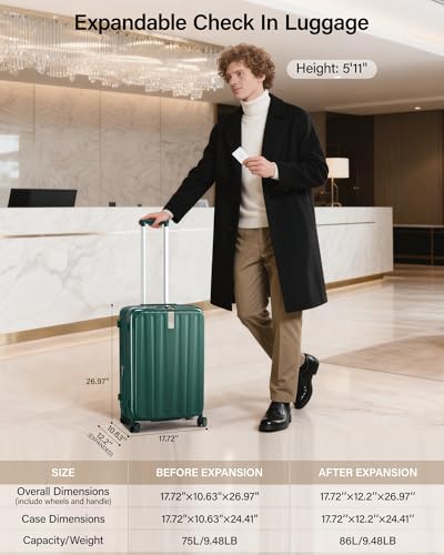 Hanke 24 Inch Expandable Luggage Top Opening Checked Bag Luggage Hard Shell Suitcases with Wheels Lightweight Travel Luggage Medium Suitcase with Lock for Woman Men-Blackish Green - color: Blackish Green, size: 24 Inch Expandable