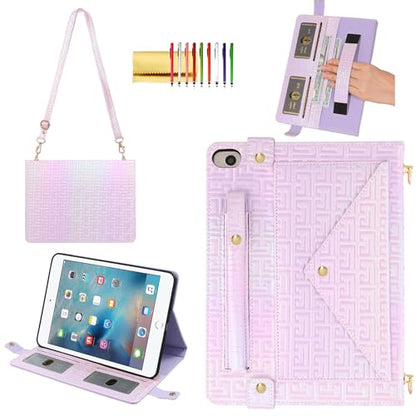 Shiny Case for iPad mini 5/4/3/2/1, Mini 7.9" Handbag Case, Techcircle Iridescent PU Leather Folio Envelope Pocket Stand Cover with Hand Strap+Shoulder Strap+Pencil Holder+Card Slots, Shiny Lilac - color: 03 Shiny Lilac, size: iPad Mini 5/4/3/2/1 7.9"