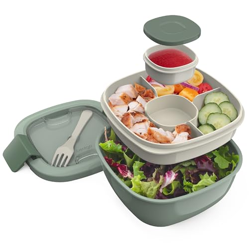 Bentgo Salad Container - 54 oz Bowl with 4-Compartment Toppings Tray, Leak-Proof Dressing Container, Reusable Fork, BPA-Free Lunch Box for Meal Prep & Food Storage; Removable Bento Tray (Khaki Green) - color: Khaki Green