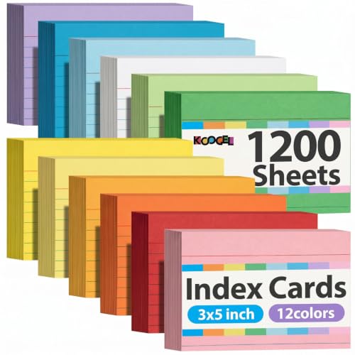 Koogel 1200PCS Index Cards 3x5, Colored Ruled Flash Cards Bulk, 12 Colors | Heavy Notecards Memo Scratch Pad for Teacher Students, Classroom Note Taking Office College Supplies, Back to School