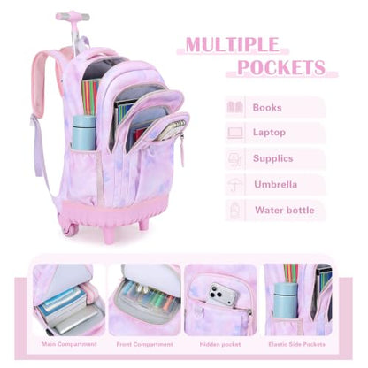 DIGOBAY Rolling Backpack for Girls, Cute Girls Backpack with Wheels, Kids Wheeled backpacks Set with Lunch Bag Pencil Case for Teen Girl, Roller School Bag with Wheels for Elementary Middle School - color: Purple Tie-dye