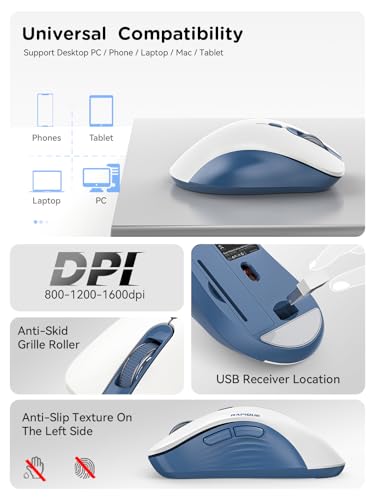 RAPIQUE Bluetooth Wireless Mouse - Dual Bluetooth & 2.4 GHz USB Receiver, Ergonomic Design, Quiet Clicks, Low Power - Multi-Device Compatibility for MacBook, Laptop, Computer (Blue and White) - color: White and Blue
