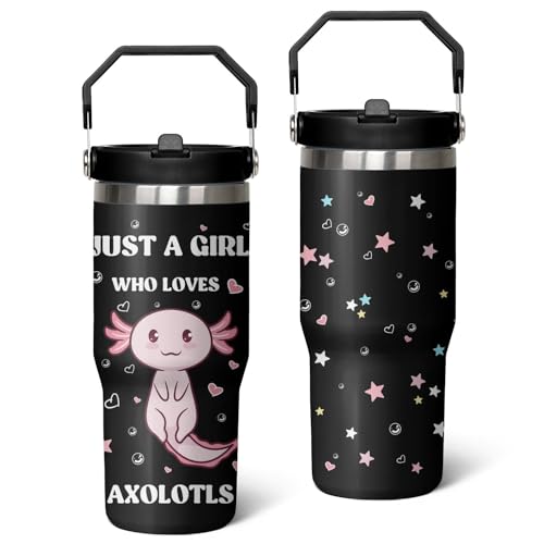 Queen Hero 30 oz Axolotls Tumbler with Handle, Large Insulated Tumbler with Flip & Straw Coffee Mug Cup Stainless Steel Gifts for Women Men Youth - color: Axolotls