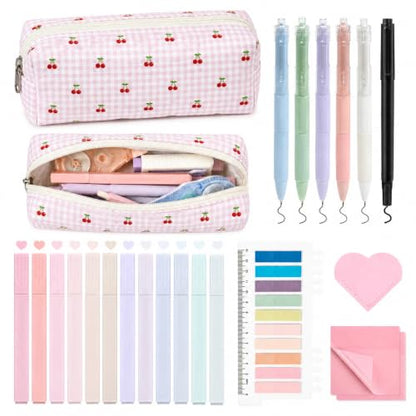 22Pcs Book Annotation Kit Aesthetic Pencil Case with Supplies School Annotation Supplies Gel Pen Transparent Sticky Note Taking Bible Study College Stationery Supplie (Pink Cherry) - color: Pink Cherry
