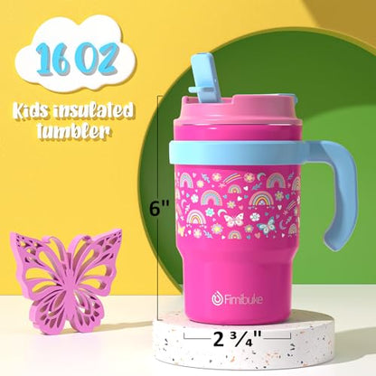Fimibuke 16oz Kids Insulated Tumbler with Handle & Straws - 2 Pack BPA FREE 18/8 Stainless Steel Toddler Cups with Sip/Swig 2-in-1 Lids, Leak Proof Kid Drinking Cup Travel Mugs for Children Boys Girls - color: B4.Dinosaur & Monster Car