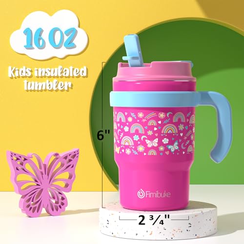 Fimibuke 16oz Kids Insulated Tumbler with Handle & Straws - 2 Pack BPA FREE 18/8 Stainless Steel Toddler Cups with Sip/Swig 2-in-1 Lids, Leak Proof Kid Drinking Cup Travel Mugs for Children Boys Girls - color: B2.Navy Blue & Light Blue