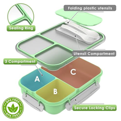 WHALEHOUSE Large Capacity Bento Box for Adult, 1700ML 3 Compartments Lunch Box with Utensil, Airtight Food Container with Lids for Meal Prep, Microwave/Dishwasher/Freezer Safe, On the Go (Green) - color: 1700mL-Green