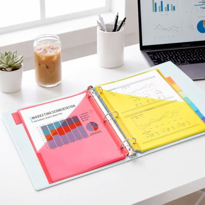 SUNEE 8 Tab Dividers with Pockets, Plastic Dividers for 3 Ring Binder, Subject Dividers with 2 Pockets, Binder Dividers for School Office Home Supplies, Bright Color, 1 Set