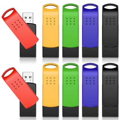 KEXIN 16GB Flash Drive 10 Pack USB 2.0 Thumb Drives Swivel Memory Stick Bulk USB Drive with LED Light - Green, Red, Black, Blue, Yellow