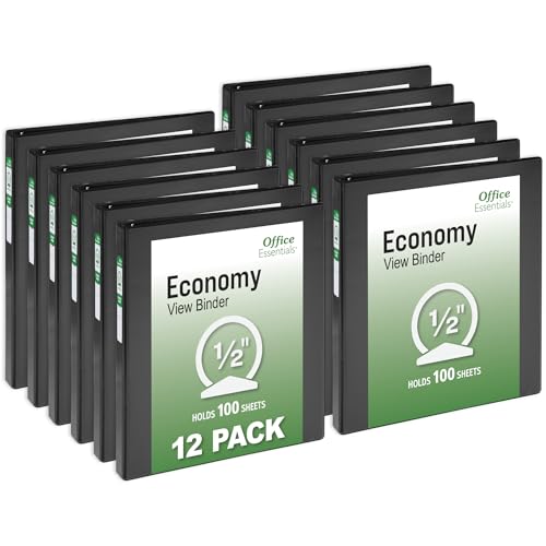 Office Essentials Economy View 3 Ring Binders, 0.5" Round Rings, 0.7" Spine, 100-Sheet Capacity, Black Binders (12-Pack of 03423) - size: 0.5"