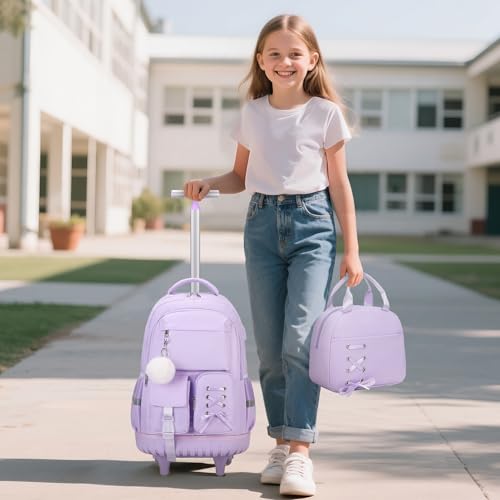 Scothen Rolling Backpack for Girls, Girls Backpack Set with Lunch Box & Pencil Pouch for Teen Girl Kids Children Elementary Middle School, Bookbag Daypack Laptop Travel Backpack with Wheels (Purple) - color: Purple