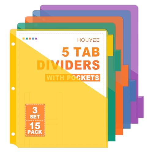 HOUYEE 15 Pack 5-Tab Binder Dividers with Pockets for 3 Ring Binder | Plastic Binder Pockets Divider with Labels for 8.5" x11" Letter Size, Classroom Office Index Organizer, Bright Colors 3 Set
