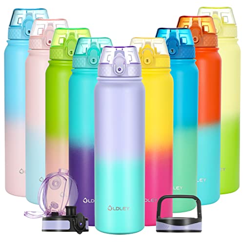 Oldley Insulated Water Bottle with Straw 32oz Stainless Steel Water Bottles with 3 lids Double-Wall Vacuum Thermal for Kids Adults School Sports, Purple green - color: Purple green, size: 32 Ounces