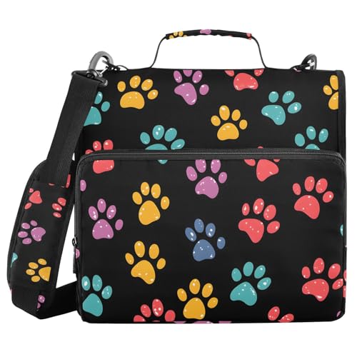 Zipper Binder Bag, Colorful Animal Dog Paw Prints 1.5 inch 3-Ring Binder & Multiple Pockets, 500 Sheets Capacity Expanding File Folder with Shoulder Straps & Handles for School Work Office