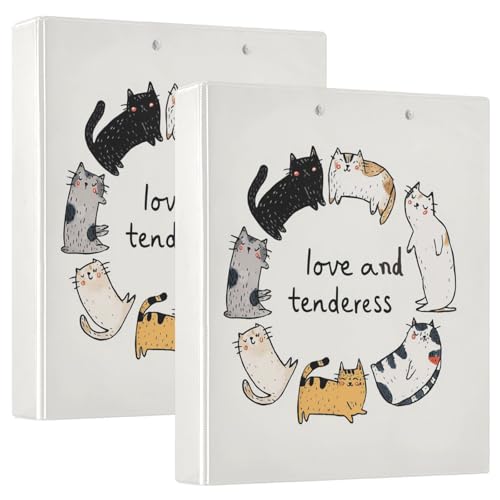 Fustylead Cheerful Cartoon Cats 3 Ring Binder, D-Rings 1.5" Hardcover Folder, Fits 200 Sheets of A4 Paper, Durable Clipboard & Clean View with Inside Pockets for School Home Office - size: 12.4x10.63x2.36 Inch-2 Pack