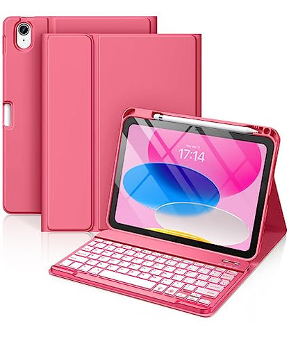Hamile for iPad 11th 10th Generation Case with Keyboard - 7 Colors Backlit Wireless Detachable Folio Keyboard Cover with Pencil Holder for iPad 11-inch A16 2025 10th Gen 10.9 Inch 2022 (Pink) - color: Pink
