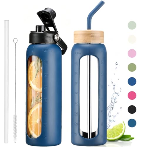 32 oz Glass Water Bottle with Straw – 2 Lids (Bamboo & Spout Lid), 1L Motivational Borosilicate Glass Daily Water Intake Bottle with Time Marker, Silicone Sleeve for Home Office-Navy Blue - color: Navy Blue, size: 32 Ounces