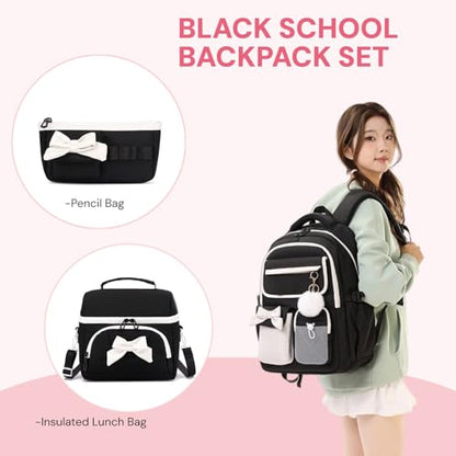 Girls School Backpack with Lunch Box Pencil Case Set, Cute Middle School Bag Teen Girls Backpack Bookbag for Kids, 3pcs Black - color: 3pcs Black