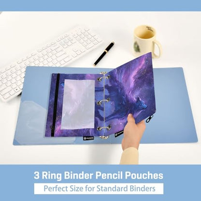 Wolf Purple Pencil Pouch for 3 Ring Binder Pencils Bag Pencil Case with Zipper Clear Window for School Office 2 Packs - color: Wolf Purple in Galaxy