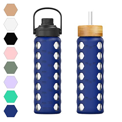 MUKOKO 24oz Glass Water Bottle, Blue | Glass Tumbler with Straw, Drinking Bottles with 2 Lids-Handle Spout Lid & Bamboo Straw Lid, Silicone Sleeve, 1 Pack - color: Bule, size: 24 Ounces