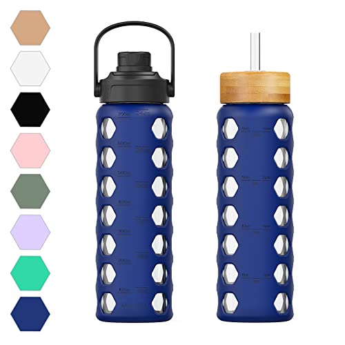 MUKOKO 24oz Glass Water Bottle, Blue | Glass Tumbler with Straw, Drinking Bottles with 2 Lids-Handle Spout Lid & Bamboo Straw Lid, Silicone Sleeve, 1 Pack - color: Bule, size: 24 Ounces
