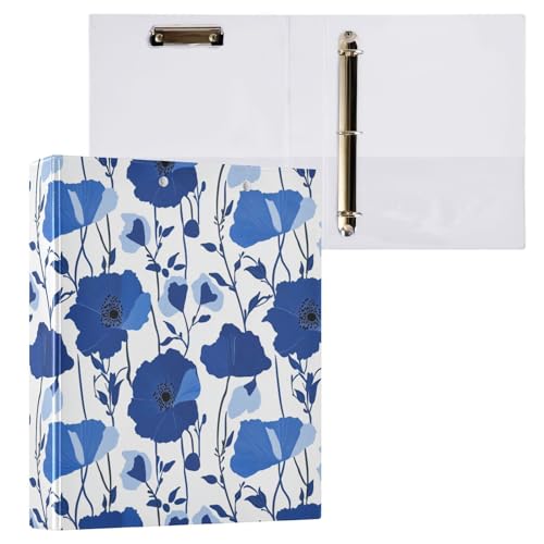 Cobalt Blue and White Poppy Flowers 3 Ring Binder 1.5" Decorative D-Ring Binder with Clipboard&3 Clear Pockets, Holds 200 Sheets A4 Size Paper Waterproof Binders for School Home Office - color: Cobalt Blue Poppy, size: ‎12.4x10.63x2.36 Inch-1 Pack